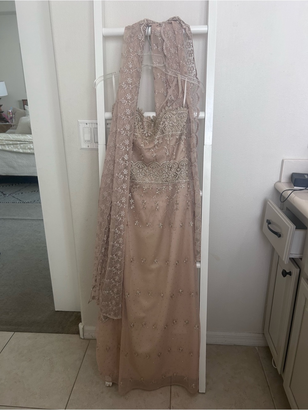 Jessica McClintock Champagne Beaded Bridal Gown with Lace Trim, & matching Shawl